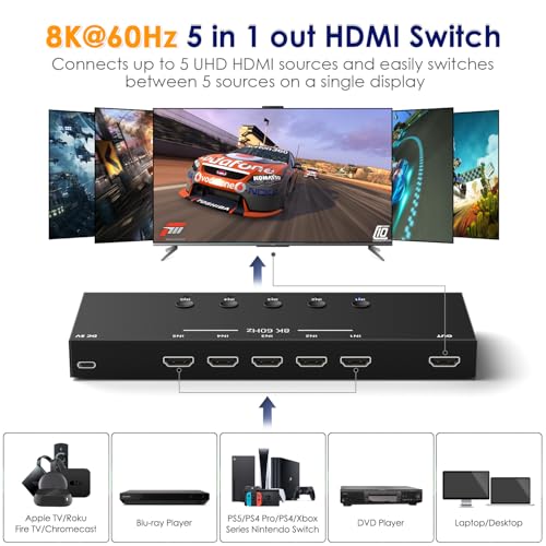 8K@60Hz HDMI 2.1 Switch 5 in 1 Out, 48Gbps Ultra HD 4K 120Hz, HDR10/Dolby Vision, 3D, Supports DTS-HD, Dolby TrueHD Compatible with PS5/4 Xbox Nintendo Switch Roku Apple TV Fire Stick Gaming PC - size: 8K@60Hz 5 in 1 Out HDMI Switch
