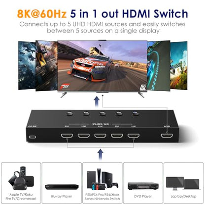 8K@60Hz HDMI 2.1 Switch 5 in 1 Out, 48Gbps Ultra HD 4K 120Hz, HDR10/Dolby Vision, 3D, Supports DTS-HD, Dolby TrueHD Compatible with PS5/4 Xbox Nintendo Switch Roku Apple TV Fire Stick Gaming PC - size: 8K@60Hz 5 in 1 Out HDMI Switch