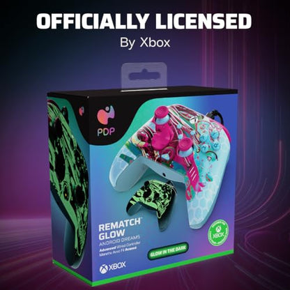 PDP Gaming REMATCH GLOW Enhanced Wired Gaming Controller: Licensed Glow in the Dark Gamepad for Xbox Series X|S, Xbox One, Windows PC, Mappable Back Buttons, Advanced Customizable App: Android Dreams - color: Android Dreams (Glow in the Dark), style: Cont