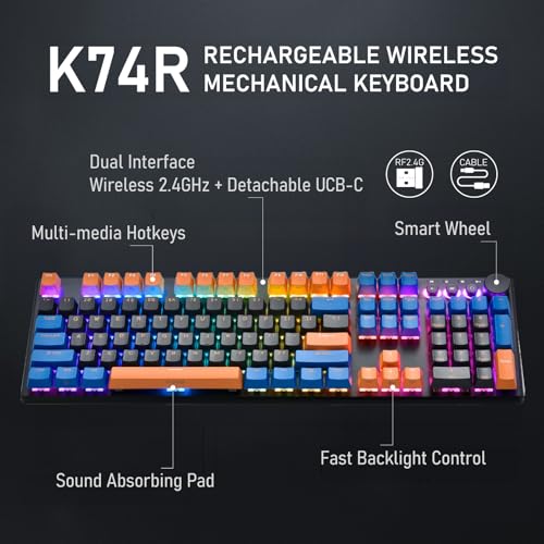 iRocks K74R Wireless RGB Illuminated Mechanical Gaming Keyboard, Hot-Swappable Switches, Floating Design, PBT 107 Keys NKRO, Detachable USB-C Cable - Midsummer Black (Brown Switches) - color: Midsummer Black, size: Brown Switches