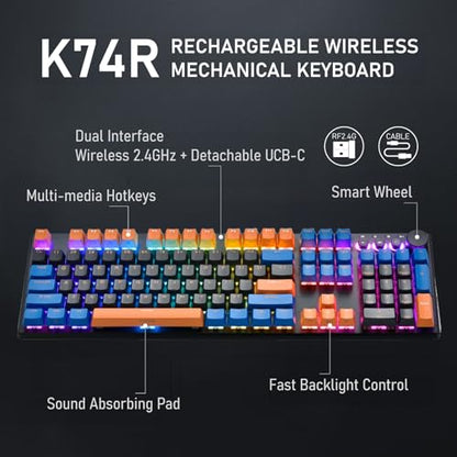iRocks K74R Wireless RGB Illuminated Mechanical Gaming Keyboard, Hot-Swappable Switches, Floating Design, PBT 107 Keys NKRO, Detachable USB-C Cable - Midsummer Black (Brown Switches) - color: Midsummer Black, size: Brown Switches