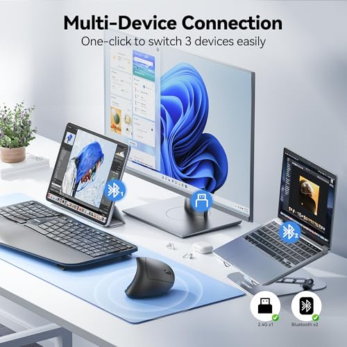 TECKNET Ergonomic Mouse Rechargeable Bluetooth - 4800 DPI Vertical Mice 6 Adjustable Levels, Wireless Optical Carpal Tunnel Mouse Right Hand, Multi Device for Laptop, PC, Computer, MacBook - Black - color: Black