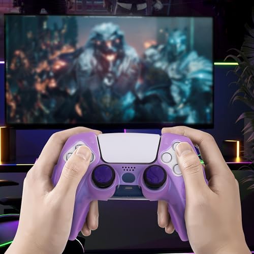 Ergonomic Soft Grip Skin for PS5 Controller, Anti-Slip Silicone Chameleon Controller Cover for PlayStation 5 Controller with 6 Thumb Grips Accessories Set (Crystal Chroma Purple) - color: Crystal Chroma Purple