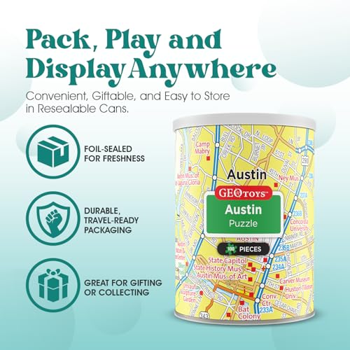 Geotoys Austin Mini City Puzzle - 100 Piece Puzzles for Kids and Adults in Portable Can, 13" x 10" Educational Travel Puzzle for Ages 7 and Up - Mini Puzzles to Learn & Explore Geography - style: Austin