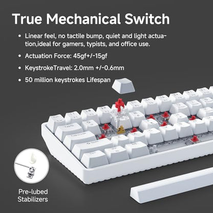 TMKB 60% Mechanical Gaming Keyboard, Red Linear Switch, Wired, White | LED Backlight, Anti-Ghosting, Detachable USB-C, Double-Shot Keycaps, 61 Keys - style: White