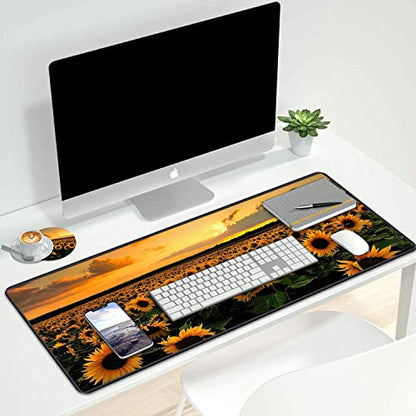Desk Pad Mat Gaming Mouse Pads with Coasters Set, Stitched Edges Design Mouse Pad XXL Large Mouse Pad for Laptop Computers Sunflower Field Desk Writing Mat for Office & Home 31.5x 11.8 - color: Sunflower Field
