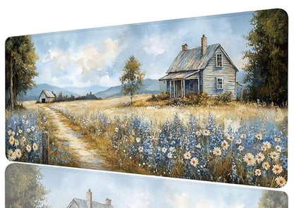 Farmhouse Extended Mouse Pad Wildflower Retro Grassland Blue Sky Mousepad XL Large Gaming Mouse Pad Laptop Keyboard Mat Desk Pad Daily Use with Keyboard and Laptop Devices 31.5x11.8 Inch - color: Farmhouse, size: 31.5L x 11.8W inches