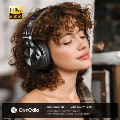 OneOdio A70 Bluetooth Over Ear Headphones, Wireless Headphones with 72H Playtime, Hi-Res, Built-in Mic, 3.5mm/6.35mm Wired Audio Jack for Studio Monitor & Mixing DJ Guitar AMP, Computer PC Gaming - color: Black