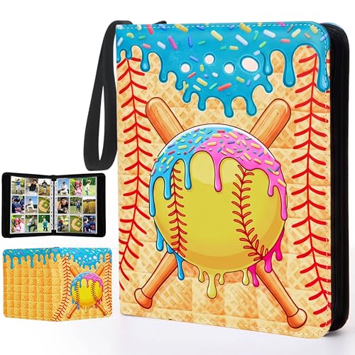 Pasimy 900 Pockets Ice Cream Softball Card Binder for Trading Cards 9 Pockets with 50 Removable Sleeves 3 Ring Softball Card Holder Binder with Zipper for Sport Collection Book Storage Album Organizer - color: Yellow, size: 13.39 x 11.42 Inch, style: Ice