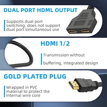 2Pcs HDMI Cable Splitter 1 in 2 Out HDMI Adapter Cable, 1080P Version 1.4 Supports Dual Port Switch for HDMI Male to Dual HDMI Female Adapter