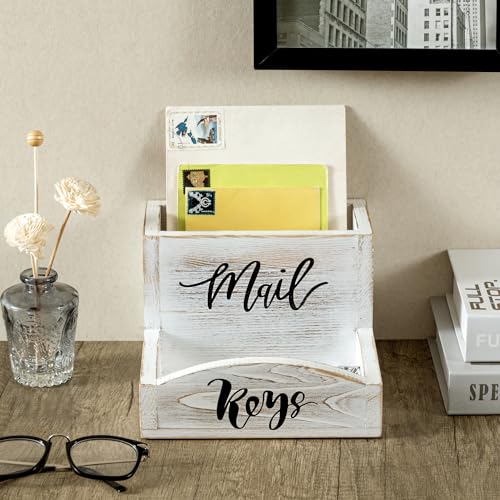 MyGift Whitewashed Wood Mail & Key Holder, Rustic Entryway Organizer | Shabby white wood organizer keeps items neatly together with charming MAIL and KEYS lettering for entryway storage