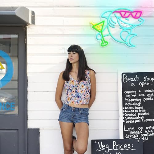 Shark Cocktail Neon Sign Shark Martini Neon light Dimmable LED Sunglasses Shark Light Up Sign for Wall Decor Man Cave Bar Pub Party Home(12.6 * 16.54In) - style: Shark Cocktail