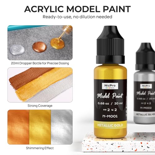 Nicpro 10 Colors Metallic Model Paint Set, 20ml Ready to Use Modeling Acrylic Paints, Brush & Airbrush Compatible, Miniature Paint Set for Beginner & Pro on Model, Scale Figure, Crafts, with 1 Thinner - style: Metallic