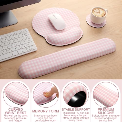 Tellegloww Wrist Rest Support for Mouse Pad&Keyboard Set, Pink Gingham Checkered Circle Curved Ergonomic Mousepad&Coaster Non-Slip Base Design for Office Home Laptop Desktop Computer Keyboard - color: Pink