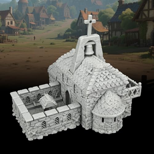 AUSPDICE RPG Accessory, 25mm Medieval Village Church Tabletop RPG Terrain | 1:64 Unpainted Fantasy Chapel with Bell Tower, DND Terrain Building for Dungeons and Dragons, TTRPG Wargame Scenery-AF1124G - color: Af1124g Medieval Village G