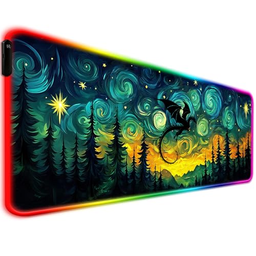 RGB Fantasy Starry Night Forest and Dragon Gaming Desk Mat, Computer Keyboard Large Extended Long LED Mouse Pad for Office and Home, XL (W05) - color: Rgb-w05