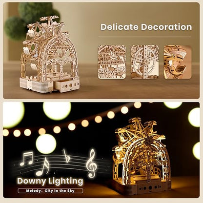 3D Wooden Puzzles for Adults: 3D Puzzle Light-Up Ferris Wheel with Music Box - 222psc Wooden Puzzles Model Building Kits Fun Gifts for Adult with Storage Box - Hobbies for Men Women（Large）