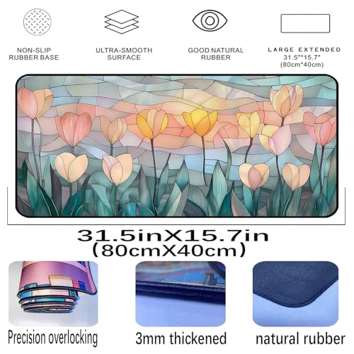 Faux Colorful Glass Desk Mat, Tulip Long Mouse Pad, Large Gaming Computer Keyboard Mats, Soft Full Deskamt, Office Desktop Cover Pad, Aesthetic Desk Accessories, Suitable Women 31.5"X15.7" - color: Yellow Tulip