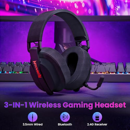 Redragon H888 Wireless Gaming Headset with 7.1 Surround Sound, Tri-Mode Gaming Headphones, 168G Lightweight Design - Detachable Mic - 40MM Driver Soft Memory Foam Padding Gamer Headset for PC, Black