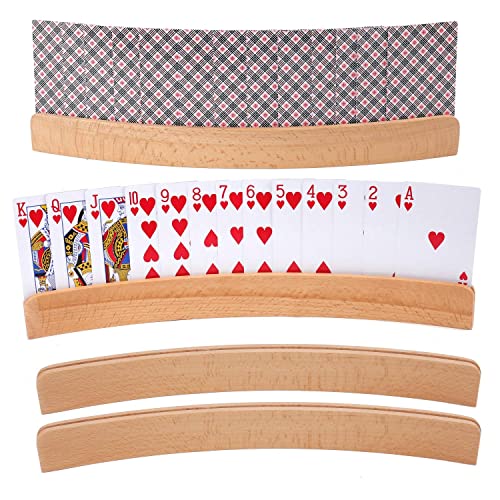 Tebery 4 Pack Wooden Playing Card Holder, Stable Game Card Trays Rack for Elderly, Hand Free Playing Cards Display Organizer for Family Game Night, 13 Inch