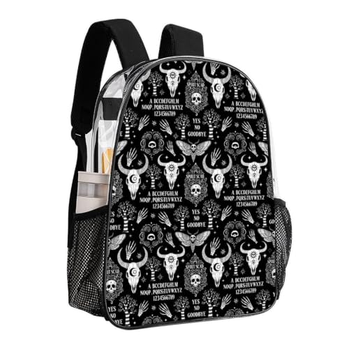 Large Clear Stadium Backpack Mesh Side Pockets Zipper Compartments | Large Capacity, Cat Skull Head Witch Board Black Gothic, Heavy Duty, Stadium Approved, Transparent Bag for Towels Water - color: Pattern (844)