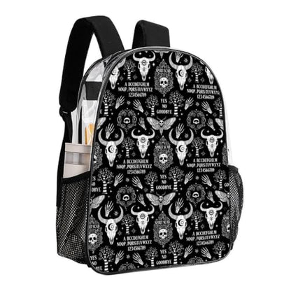 Large Clear Stadium Backpack Mesh Side Pockets Zipper Compartments | Large Capacity, Cat Skull Head Witch Board Black Gothic, Heavy Duty, Stadium Approved, Transparent Bag for Towels Water - color: Pattern (844)