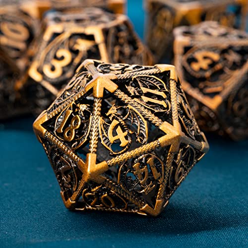 ARUOHHA Hollow DND Metal Dice Set Ancient Gold Dragons D and D Dice, RPG Role Playing Games Dungeons Polyhedral Dice with Gift Box D20 D12 D10 D8 D6 D4 - color: Ancient Gold