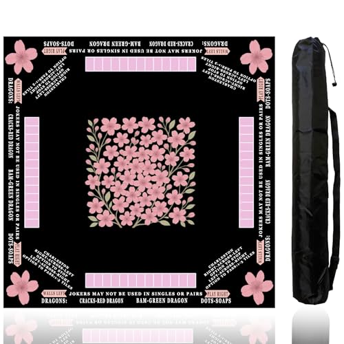 American Mahjong Mat with Rules Printed (33x33, 2.5mm Thick, Cherry Blossom Black) Mahjong Mat for Table w/Bag, Crease-Proof Waterproof Non-Slip, Soft Mahjong Table Mat, Noise Reduction - color: Cherry Blossom Black Mat