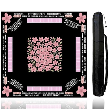 American Mahjong Mat with Rules Printed (33x33, 2.5mm Thick, Cherry Blossom Black) Mahjong Mat for Table w/Bag, Crease-Proof Waterproof Non-Slip, Soft Mahjong Table Mat, Noise Reduction - color: Cherry Blossom Black Mat