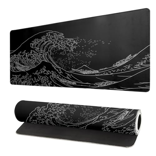 Brecoy Japanese Sea Wave Large Mouse Pad, Anime Black Gaming, Extended Kanagawa Mat Desk Pad, 3mm Thick Long Non-Slip Rubber Base Mice Pad, 31.5 X 11.8 Inch - color: Black Wave of Kanagawa