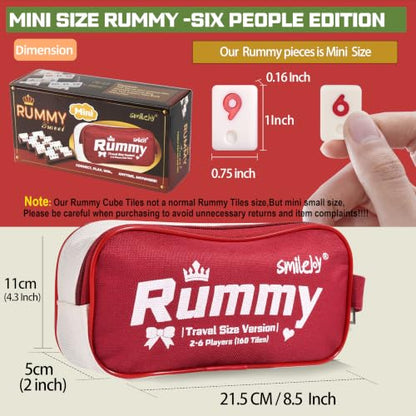 Smilejoy Mini Rummy Cube Six Player Edition, Travel Rummy Game Set with Portable Canvas Bag,Classic Board Game for Adults and Kids |160 Tiles|6 Playing Racks|1 Dice (2-6 Player) - style: Mini (2-6 player)
