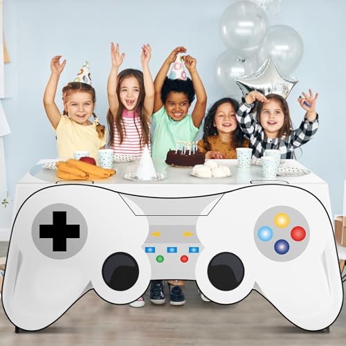 6 Ft Video Game Tablecloth Game Controller Shaped Table Cover Birthday Party Decoration Washable Polyester Fabric Gaming Table Covers Protector for Gamer Player Birthday Party Decor Supplies