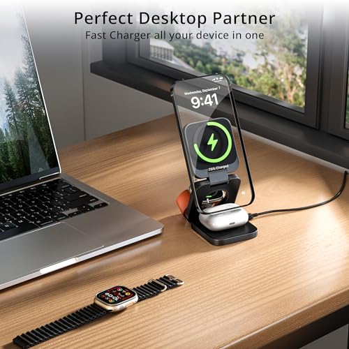 3-in-1 Wireless Charger Stand, LULULOOK 15W Magnetic Charger Wireless Fast Charging Station for iPhone 16/15/14 Series, Aluminum 5W Charger for Apple Watch, AirPods, USB-C Charging Cable Included - color: Black