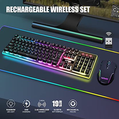 RedThunder K10 Wireless Gaming Keyboard and Mouse Combo, RGB Backlight Rechargeable 3800mAh Battery, 26-Key Anti-ghosting Keyboard + 7D 3200DPI Mice for PC Gamer - color: Black RGB