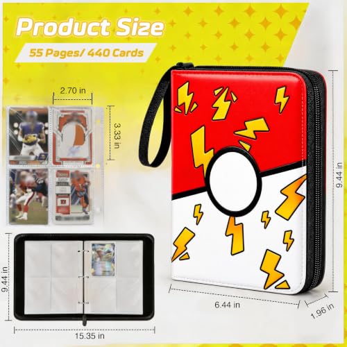 Holds 440 Cards, 4 Pocket Trading Card Binder with 55 Removable Sleeves, Zipper PU Leather 3-Ring Card Holder Album for TCG, MTG, Game and Sports Cards, Gift for Collectors, Red