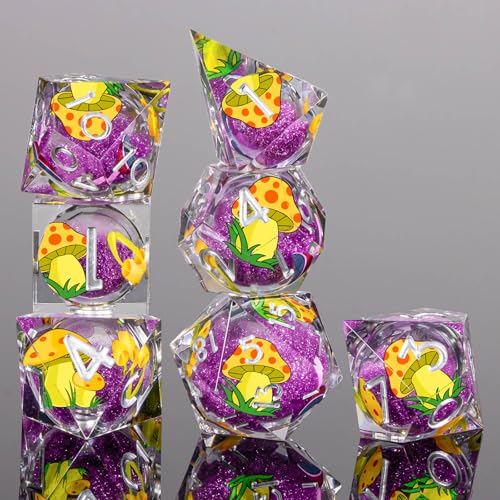 OUKELANWO Liquid Core Mushroom DND Dice Set D&D, 7Pcs Resin Sharp Edge Dice with Gift Box, Dungeons Dragons D and D Role Playing Gaming Dice D20 D12 D10 D8 D6 D4, Purple and Yellow - color: Purple and Yellow