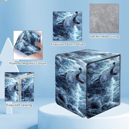 Card Deck Box for MTG Commander,Collectible Trading Storage Box Fits 120+ Single Sleeved Cards Magnetic Case PU Leather for Magic Commander TCG CCG MTG,Cloud White Wolf - color: Cloud White Wolf
