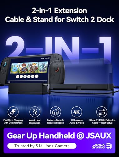 JSAUX Extender Cable with Stand for Switch 2 Dock, 35cm USB C Extension Cable for Thick Protective Cases, Fast Charging, 10Gbps Data, 4K@60Hz Video Output, 1:1 Dock Function Restore, Passive Cooling