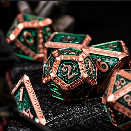 7-Piece Metal Dice Set - Mayan-Themed Zinc Alloy DND Dice for Tabletop Gaming, Gift, and Collecting - color: Mayan-themed-copper Green