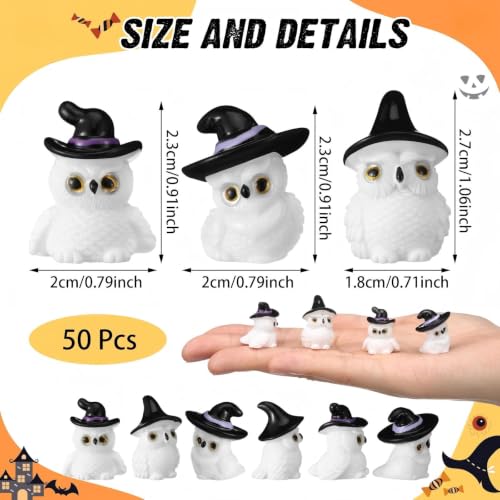 Soulchen 50pcs Halloween Mini Resin Figures Bulk Tiny Resin Owl Figures Little Small Miniatures to Hide White Owl in Witch Hat Craft for Halloween Party Gifts Bag Fillers Decor - style: Owl