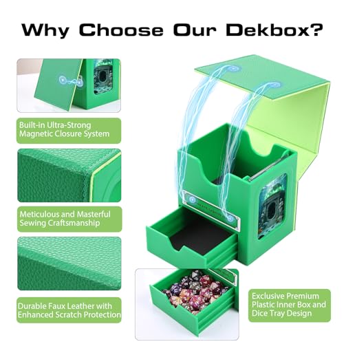 Patented MTG Commander DekBox, 100+ Double Sleeved Card Storage Box with Dice Tray, 35pt Card Holder & 2 Dividers - Magnetic Deck Case for TCG/CCG/Magic/Sports Cards, Green - color: GREEN