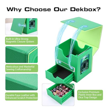 Patented MTG Commander DekBox, 100+ Double Sleeved Card Storage Box with Dice Tray, 35pt Card Holder & 2 Dividers - Magnetic Deck Case for TCG/CCG/Magic/Sports Cards, Green - color: GREEN