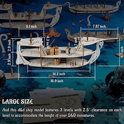 CZYY DND Ship Miniature, 3-Level Wooden Naval Battle Terrain Map | Build Boarding, Pirate & Sea-Monster Encounters, Approx. 23.4 in Long, 1 in Grid, For D&D, Pathfinder & Tabletop RPG
