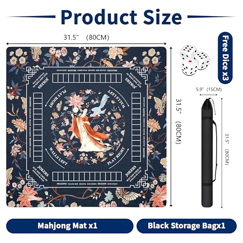 Mahjong Mat with Black Carrying Bag, 31.5"x31.5" Anti-Slip Noise Reduction Gaming Mat for Mahjong, Poker, Board Games, 3 Dice & Black Storage Bag - color: Dark Blue