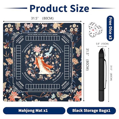 Mahjong Mat with Black Carrying Bag, 31.5"x31.5" Anti-Slip Noise Reduction Gaming Mat for Mahjong, Poker, Board Games, 3 Dice & Black Storage Bag - color: Dark Blue