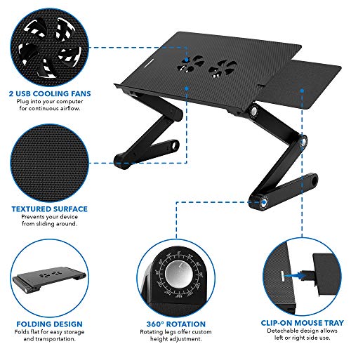 Mount-It! Adjustable Laptop Stand & Lap Desk with USB Cooling Fans, Large Aluminum Laptop Tray with Mouse Pad, Portable Sit-Stand Laptop Desk for Bed, Couch & Table