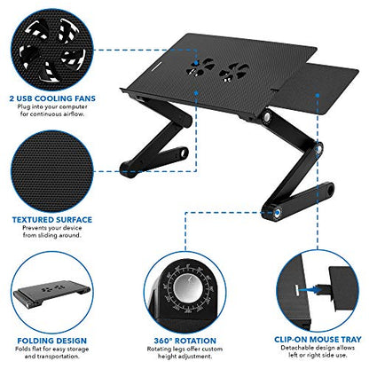 Mount-It! Adjustable Laptop Stand & Lap Desk with USB Cooling Fans, Large Aluminum Laptop Tray with Mouse Pad, Portable Sit-Stand Laptop Desk for Bed, Couch & Table