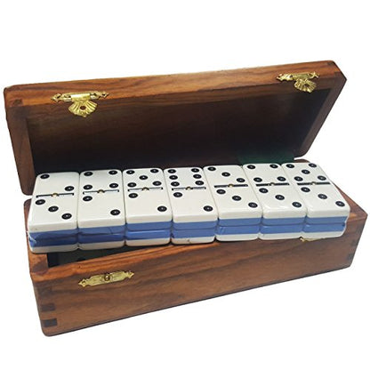 Marion Domino Double Six Two Tone Blue & White Jumbo Tournament Professional Size with Spinners in Dovetail Sheesham Wood Box. - color: Two Tone Blue-white