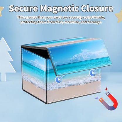for MTG Commander Deck Box,Card Deck Box for Trading Yugioh MTG,Fits 100 Double Sleeved Cards,PU Leather Strong Magnet Case for Magic Commander TCG CCG,Blue Beach - color: Blue Beach