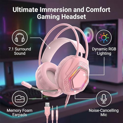 ASHATA Wired Gaming Headset, Computer Headset with Noise Cancelling Mic, 7.1 Surround Sound RGB Headphones 50mm Driver Unit Memory Foam Earpads, 3.5mm Wired (Pink) - color: Pink